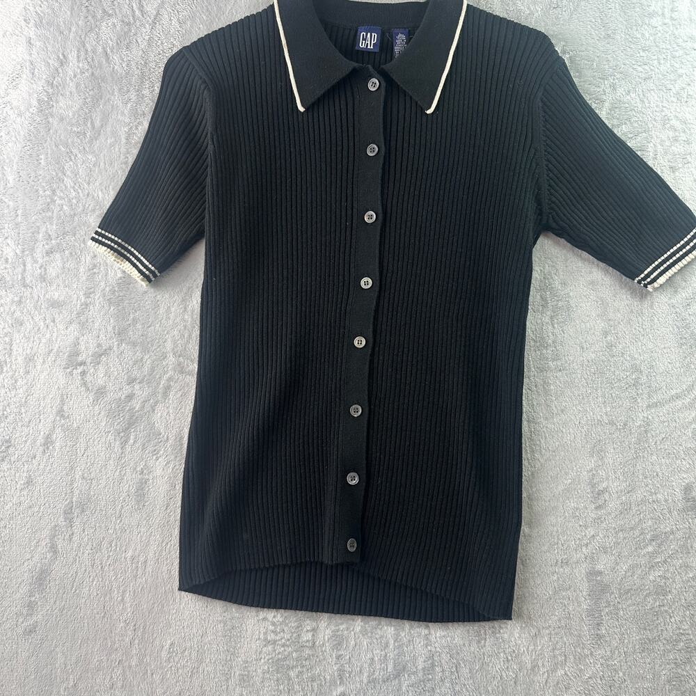 Gap Women’s Ribbed Short Sleeve Polo Top • Black with White Trim • Size L - Picture 4 of 6